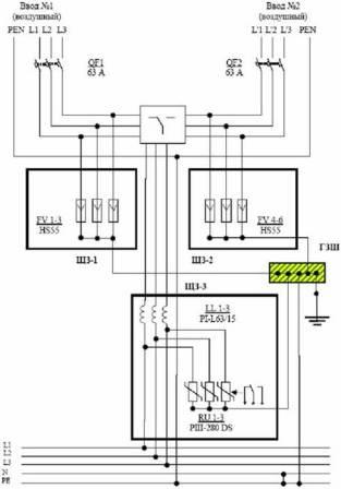 Применение защитных устройств в 4-х проводной сети ТN-С (220/380 В) с 2-мя воздушными вводами (с установкой разделительных дросселей)